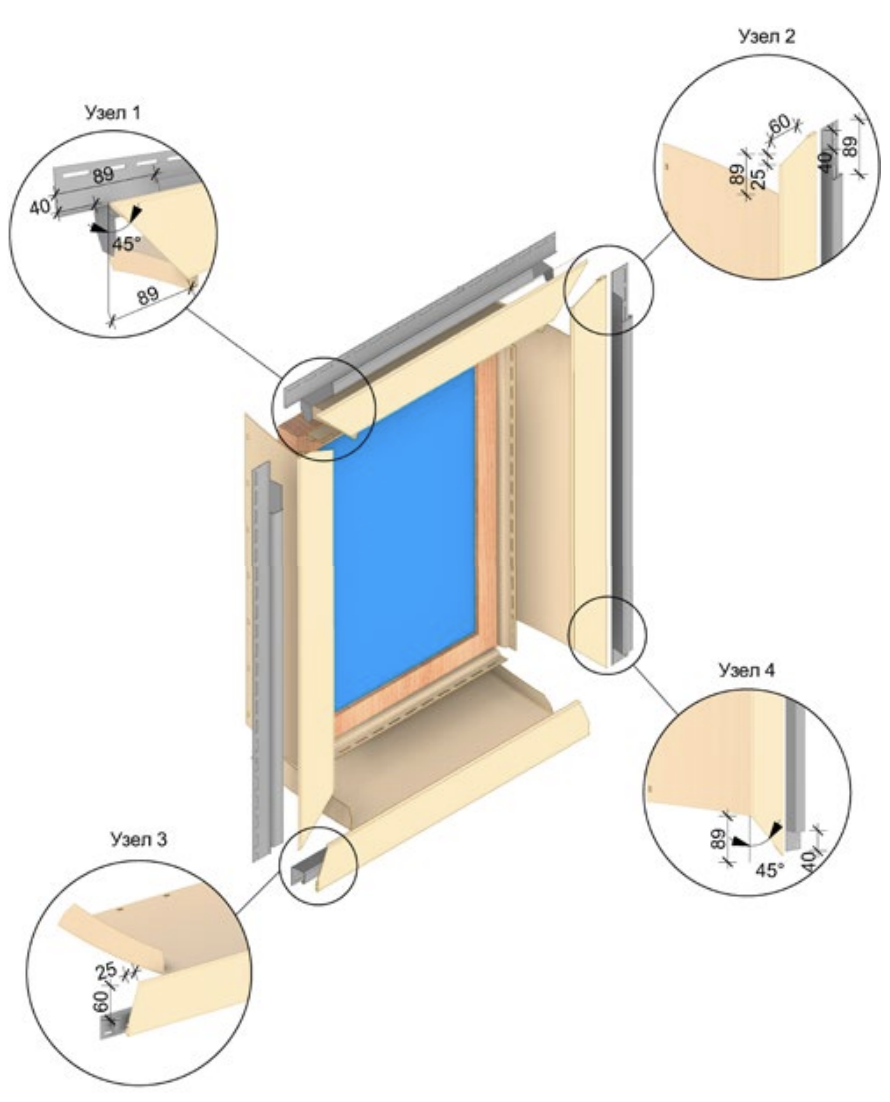 Обрамление оконного проёма при помощи универсального
                    околооконного профиля 89/254 мм с J-профилем 30 мм.